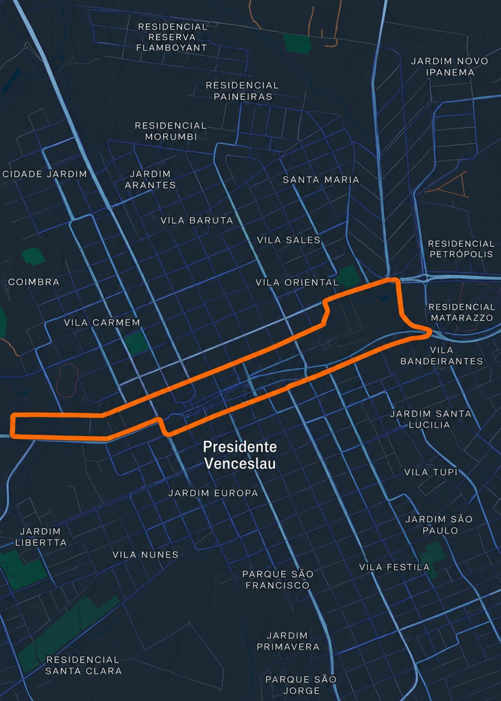 Percurso do evento CORRIDA E CAMINHADA DO CENTENÁRIO DE PRESIDENTE VENCESLAU - SP.